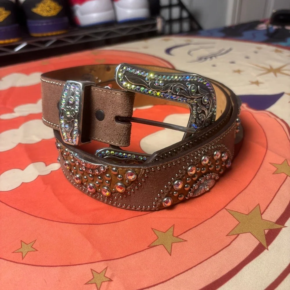 Tony Lama Leather Western Rhinestone Studded Belt 38 Oversized Buckle Cowboy